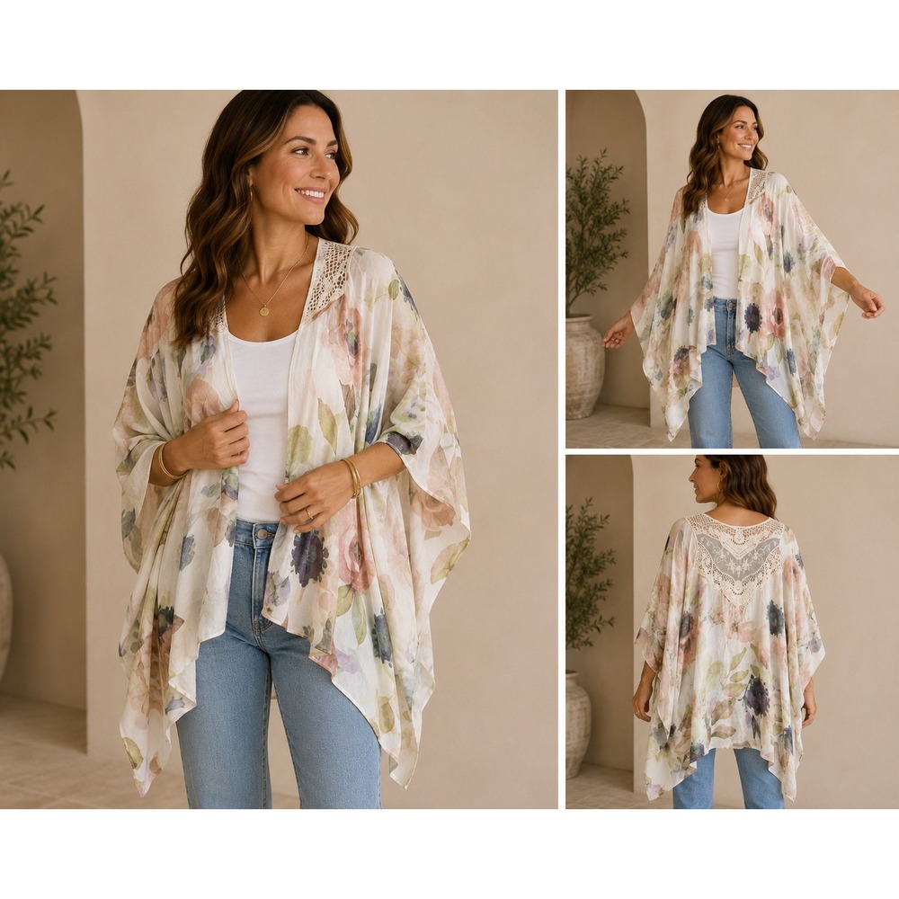 Elizabeth Gillett Floral Kimono Wrap Poncho Crochet Lace‎ Inset Viscose One Size